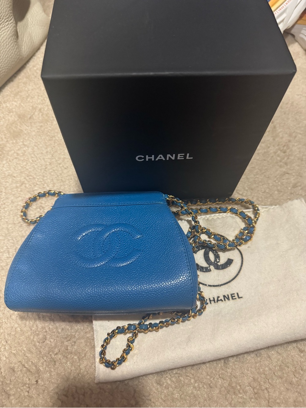 CHANEL Blue Caviar Leather Small Crossbody with Gold Chain